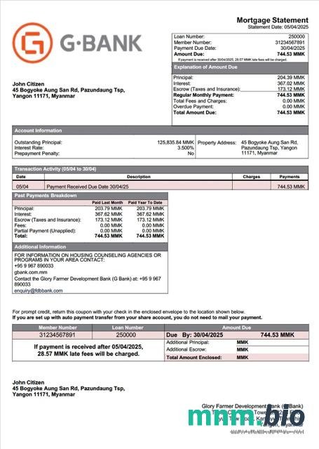 Myanmar Glory Farmer Development Bank (G Bank) wyciąg z kredytu hipotecznego szablon Word i PDF